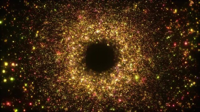 A swirling vortex of golden and red sparkles on a black background, creating a cosmic or abstract visual effect