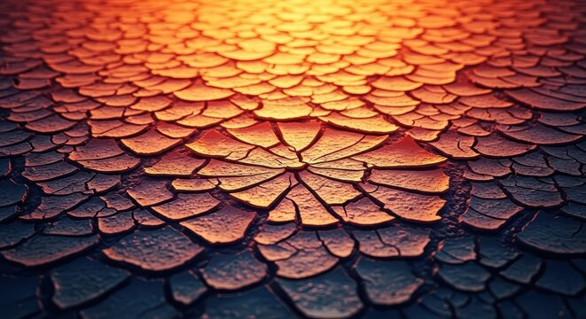 A severe drought has turned the brown ground into a texture of sharp cracks and dry fragments, symbolizing arid conditions and climate change, parched, dry land, macro