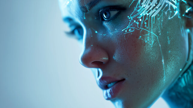 Close up portrait of a female android with glowing blue light patterns and electronic circuitry on her skin, concept of high tech robotic humanoids and advanced bio-engineering.