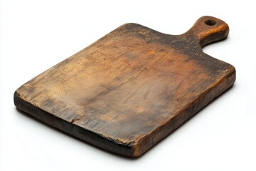 Fototapeta premium Rustic wooden chopping board with handle, aged dark wood cutting board isolated on white background.