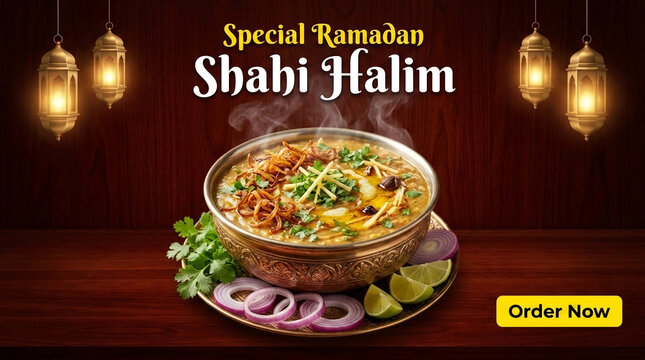 A steaming bowl of Shahi Halim served in an ornate metal bowl, garnished with fried onions and cilantro, symbolizing Ramadan feasting and culinary tradition