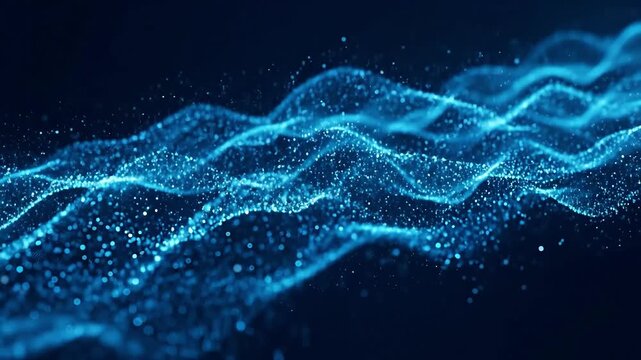 Dynamic blue waves with glowing particles in an abstract setting.
