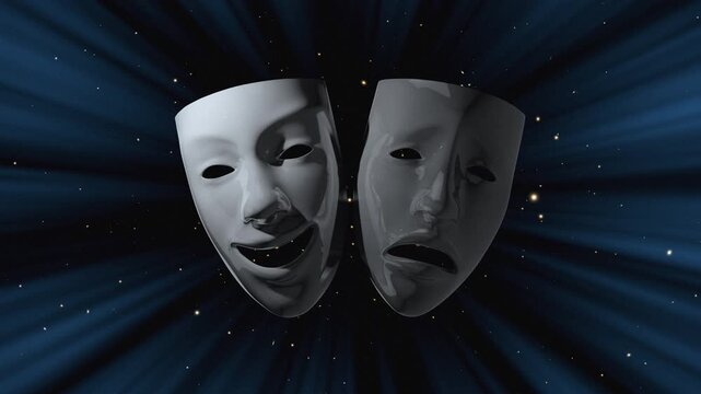 Cinematic loop of floating theater masks on a dark blue background with radiating light rays and golden sparkles, symbolizing drama and the performing arts