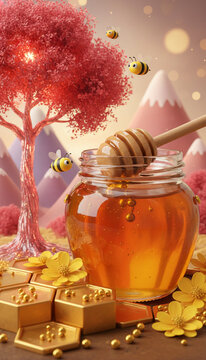 A jar brimming with golden honey, a wooden dipper resting within, surrounded by hexagonal shapes and yellow flowers, with whimsical bees flying near a vibrant tree and soft mountains