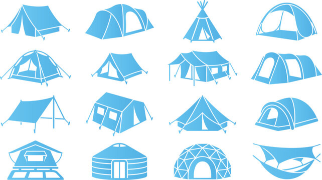 Blue tent icons for camping and outdoor recreation design.