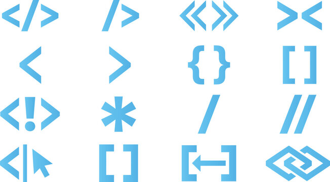 Collection of blue programming and coding symbols, brackets, arrows, and punctuation.
