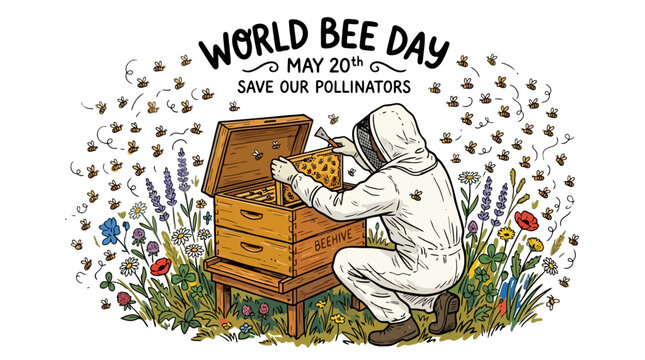 Cartoon bees flying around a wooden beehive and colorful wildflowers, promoting bee preservation and pollination.