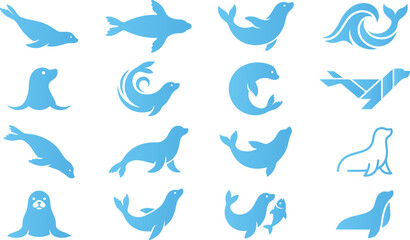Set of blue seal and sea lion icons depicting various poses and actions in water and on land. © Creative BD