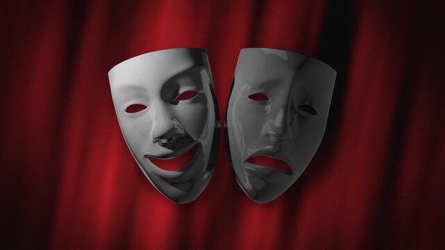 A cinematic loop featuring glossy black comedy and tragedy masks over a deep red velvet curtain background with shimmering light particles and glows