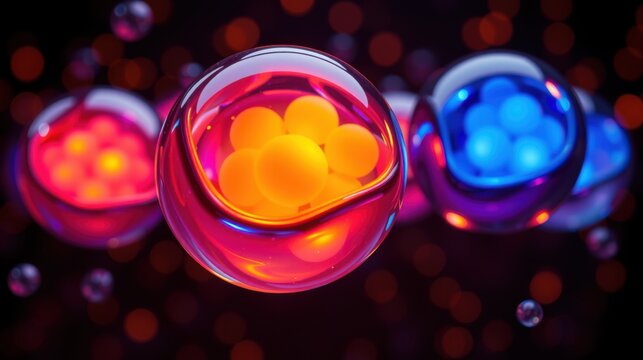 Vibrant spheres glow, reflecting light. Orange orbs inside clear shells create dynamic composition. Dark background enhances luminosity.