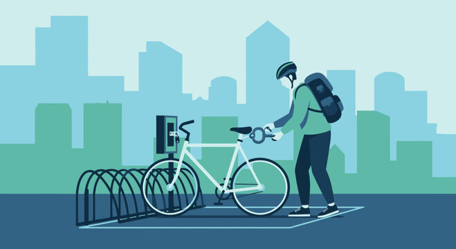 Urban cyclist locking bicycle at city bike rack with modern skyline background