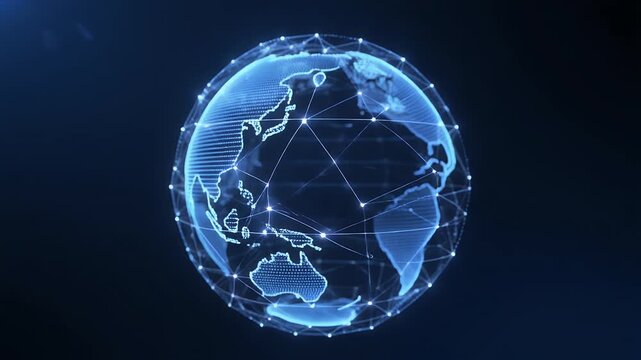 Abstract glowing blue digital Earth rotates with interconnected glowing nodes and lines, symbolizing global technology and connectivity for futuristic presentations.