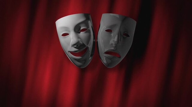 A cinematic loop featuring glossy black comedy and tragedy masks over a deep red velvet curtain background with shimmering light particles and glows