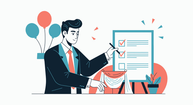 Man Completing Checklist, Balloons, Business Meeting Summary, Goals
