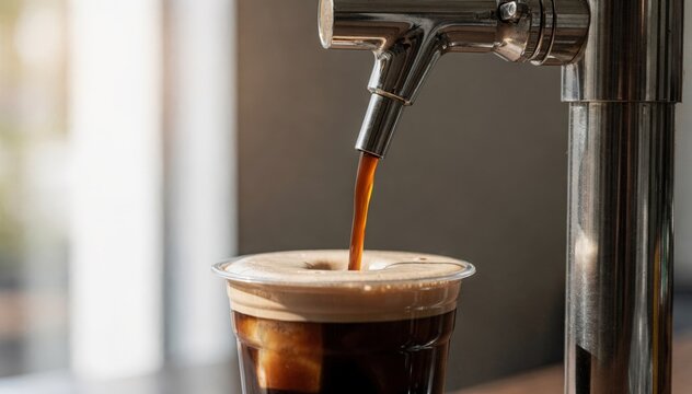 Medium shot capturing the moment cold brew coffee flows from a nitro tap into a plastic cup emphasizing the contrast between the rich coffee and creamy head.