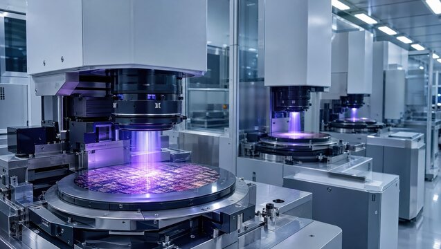 Medium shot of stepper machines precisely exposing intricate circuit patterns on NAND wafers using deepUV lithography in a cleanroom environment.