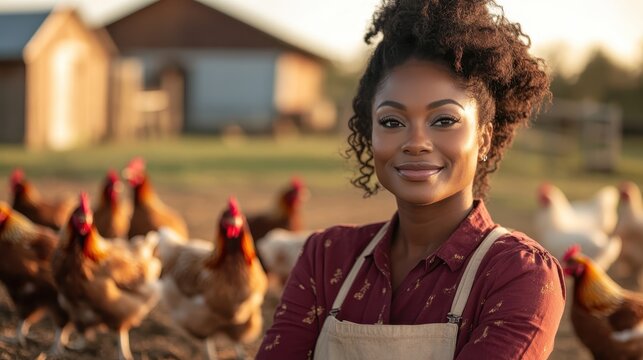 A proud and confident woman stands amidst free-range chickens, showcasing the connection between agriculture and passion for farming in this picturesque rural setting.