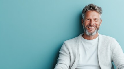 Fototapeta premium A cheerful older man with silver hair and a bright smile poses confidently against a light blue background, reflecting wisdom and positivity in aging gracefully.
