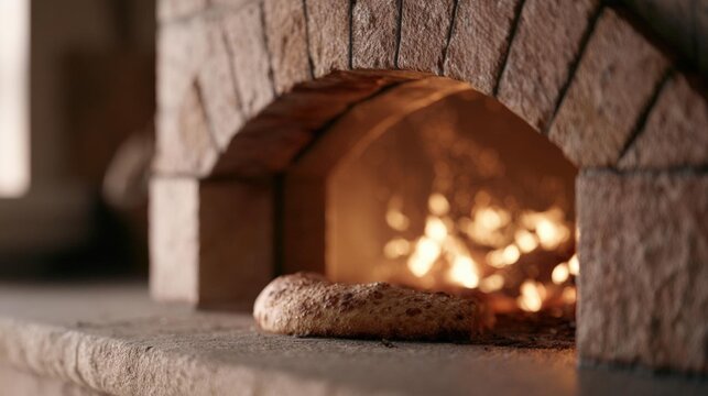 Close-up of a brick oven with a small hole in the center. the oven appears to be made of stone and has a brick wall surrounding it. inside the oven, there is a fire burning with small flames.