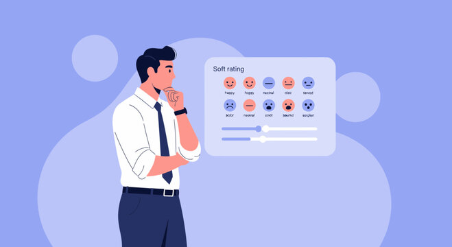 Man ponders emotional feedback, digital survey, sentiment analysis