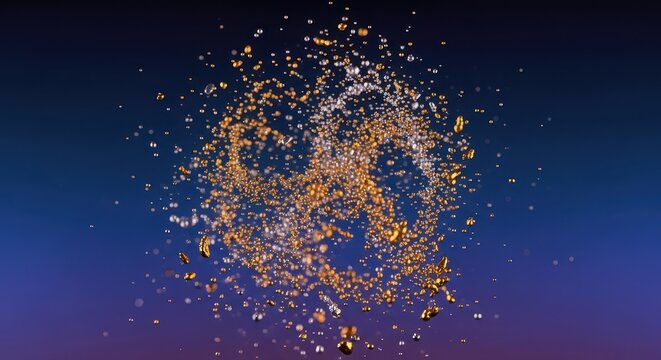 Abstract macro shot of shimmering gold and silver particles floating and scattering in deep space, representing cosmic creation and universal magic, glowing, universe, fantasy