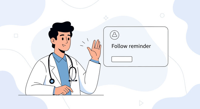 Doctor Waving Hello with Medical Reminder Notification
