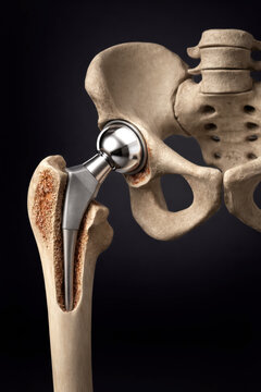 Hip prosthesis implanted in proximal femur, showing hemiarthroplasty with metallic femoral head and stem, anatomical bone structure with cortical and cancellous layers, generative ai illustration