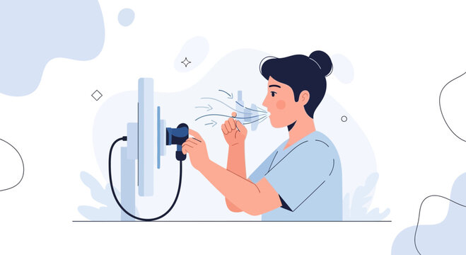 Person using a medical device for breathing, lung function test, illustration