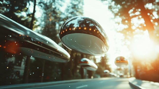 A lineup of sleek, futuristic hovercrafts glides effortlessly through a sunlit forest, symbolizing a blend of technology and nature in harmony with the environment.