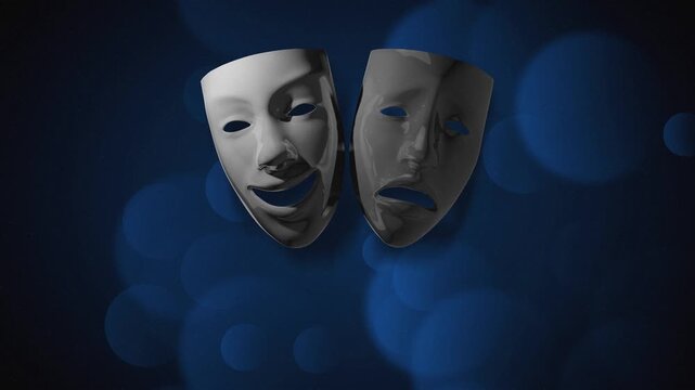 Cinematic loop of glossy theatrical masks, comedy and tragedy, floating against a dark blue background with starry sparkles and soft bokeh lighting