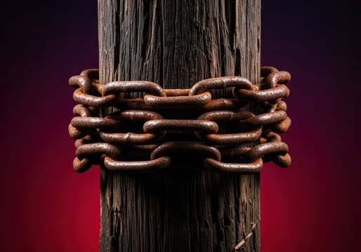 Rusted chains tightly bind rough, dark wood, symbolizing the oppressive weight and loss of liberty inherent in historic forced servitude, subjugation, rough, toil