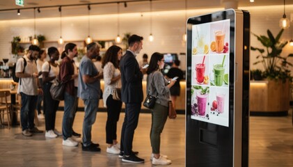 Fototapeta premium Queue of diverse customers waiting in line near a sleek digital selforder drink kiosk showing colorful tea and smoothie options on the screen.