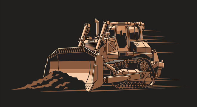 Heavy-duty bulldozer pushing earth, construction machinery at work.