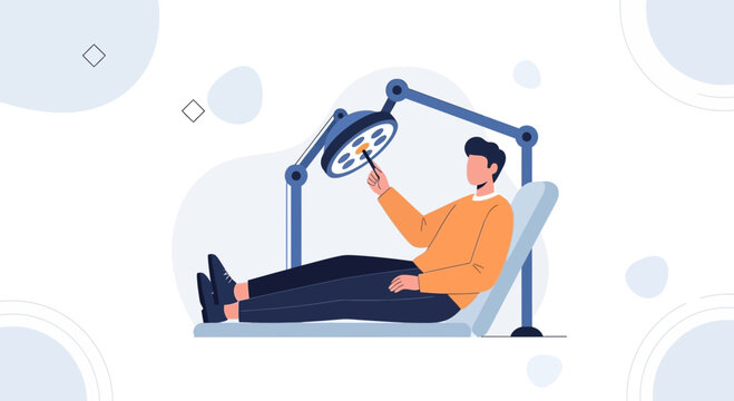 Dentist Exam. Patient Lying In Dental Chair, Doctor Using Light Lamp