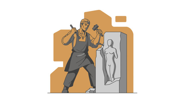 Sculptor Carving Stone Statue, Craftsman Hammer Chisel Art Creation