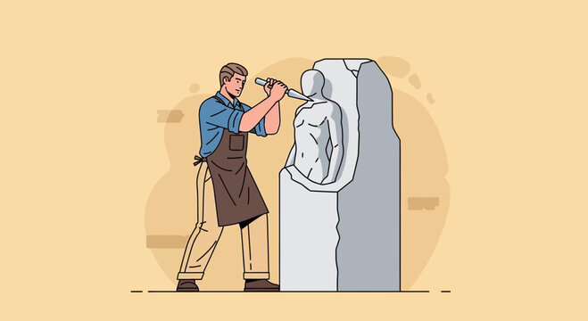 Sculptor Carving Human Statue Out of Stone