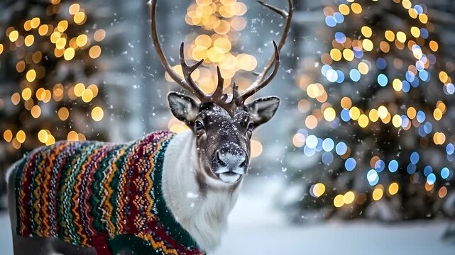 A reindeer in a colorful sweater amidst festive holiday lights.