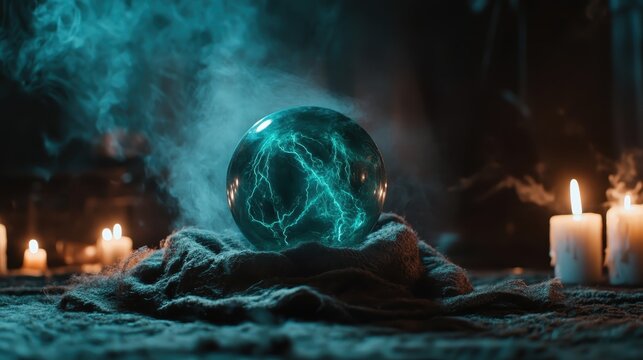 A captivating crystal ball radiates electric energy, surrounded by smoke and candlelight, casting an aura of mystique and intrigue that stimulates imagination and creativity.