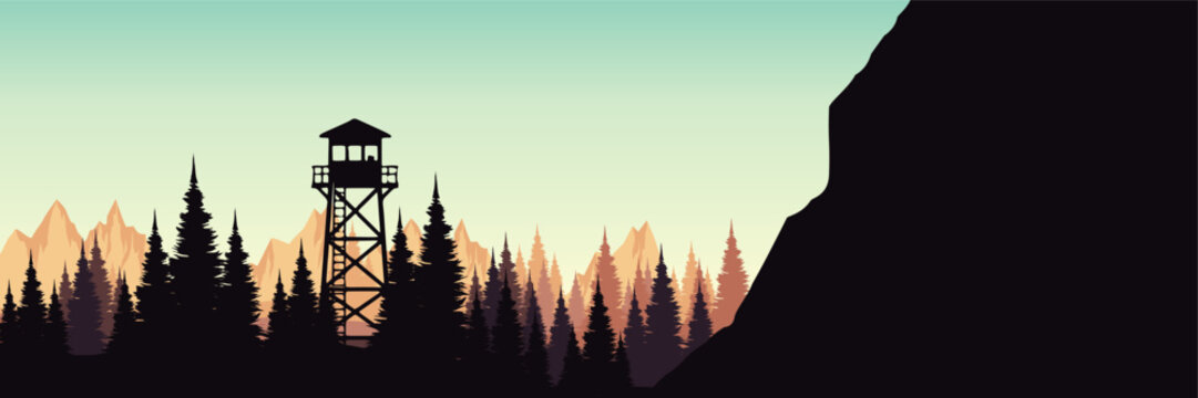 Peaceful sunset mountain panorama with watchtower for outdoor adventure design