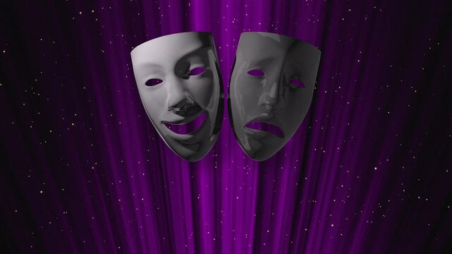 Cinematic loop featuring glossy theatrical masks, comedy and tragedy, floating against a purple background with light rays and golden sparkles