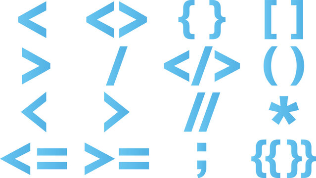 Set of blue programming and mathematical symbols for coding and logic on white background.