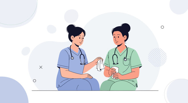 Two nurses talking in a calm, illustrative scene with stethoscopes