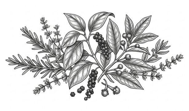 Premium vintage black pepper leaves and allspice engraved botanical vector illustration isolated on white background