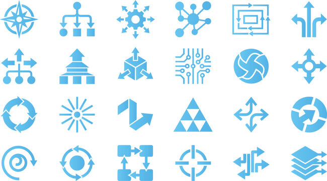 Blue network and connection icons representing data flow and system processes.