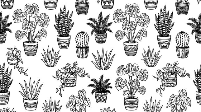 Hand drawn monochrome house plant seamless pattern vector for packaging and mockup design