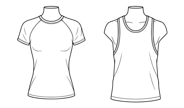 Vector outline set of raglan and sleeveless t shirts isolated on white background