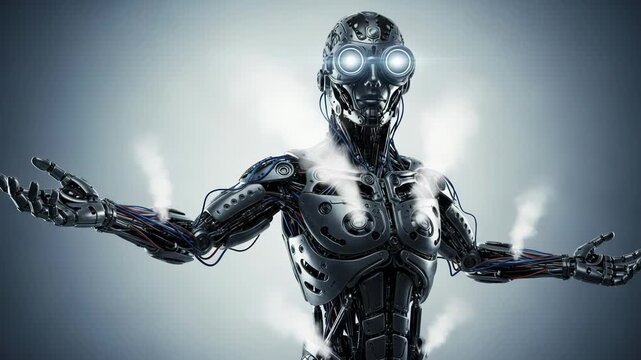Advanced humanoid robot with glowing eyes and steam vents