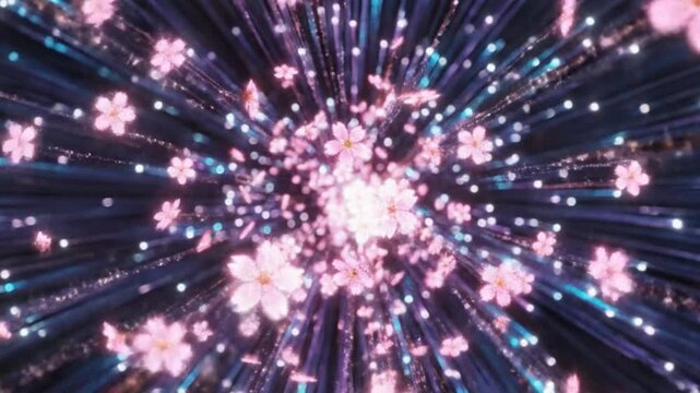 Abstract Cherry Blossoms Exploding in Cosmic Tunnel with Light Streaks