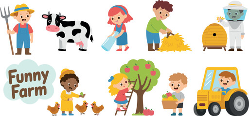 Naklejka premium Large vector collection of cute cartoon children farmers working with animals tractor beehive and apple trees on funny farm