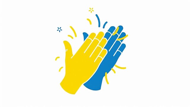 A yellow and blue pair of hands clapping with sparkle accents against a white background